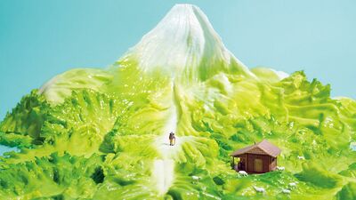 田中達也「8月11日、山の日にぴったりな作品！レタスで山頂に積もった雪と山道を表現。飛行機から川の流れを眺めると、葉脈に見える」