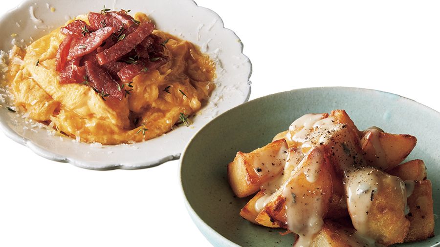 【レシピ】＜チャチャッと作る、小皿つまみ＞「サラミとふわふわスクランブルエッグ」と「じゃがいものブルーチーズソース」